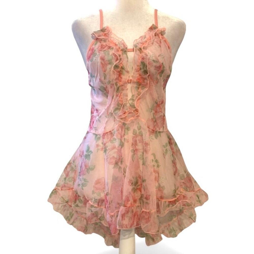 Coquette Fairy Y2K Pastel Pink Floral Sheer Ruffle Mini Slip Dress – Medium